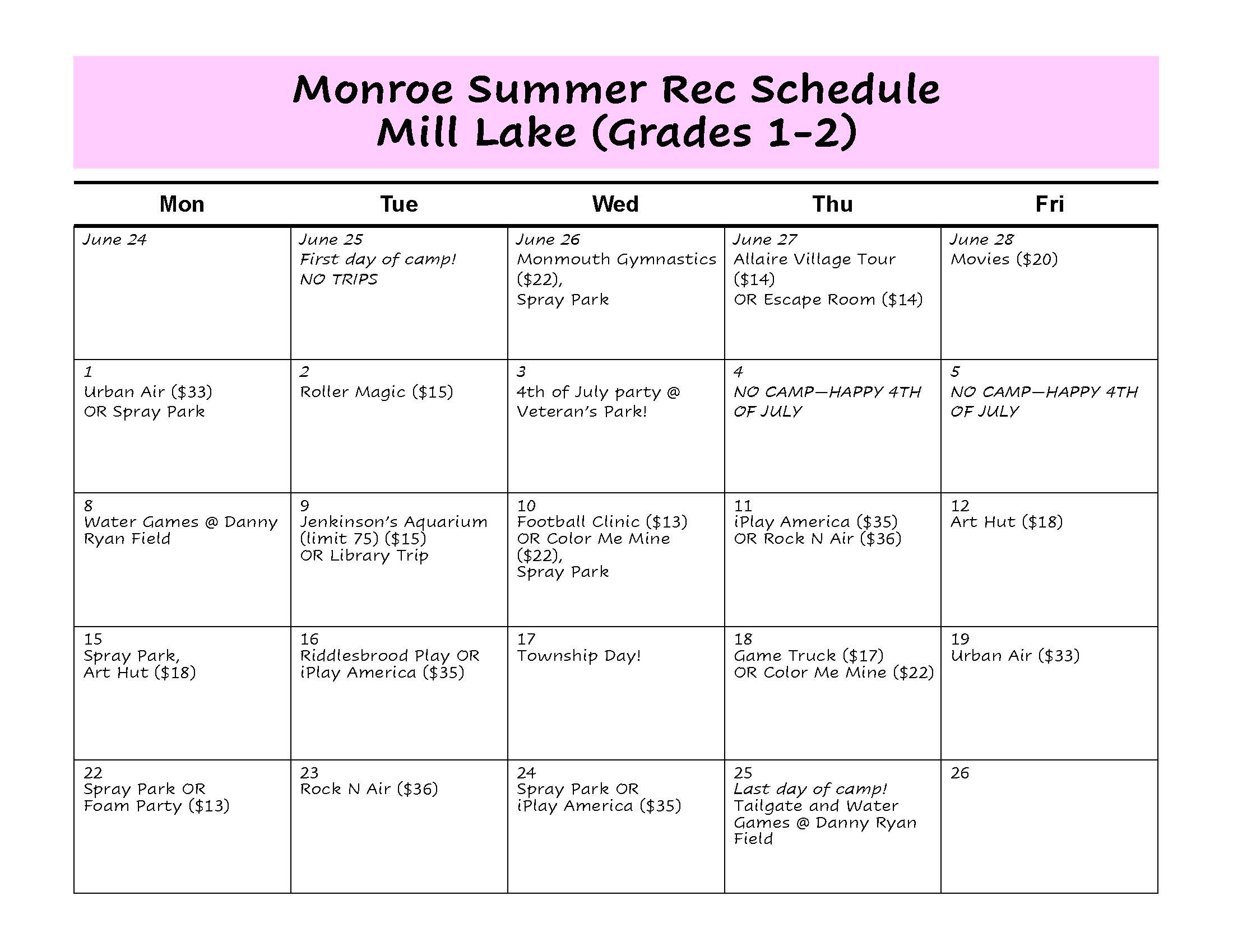 Summer Rec Camp Trip Calendar Page 1