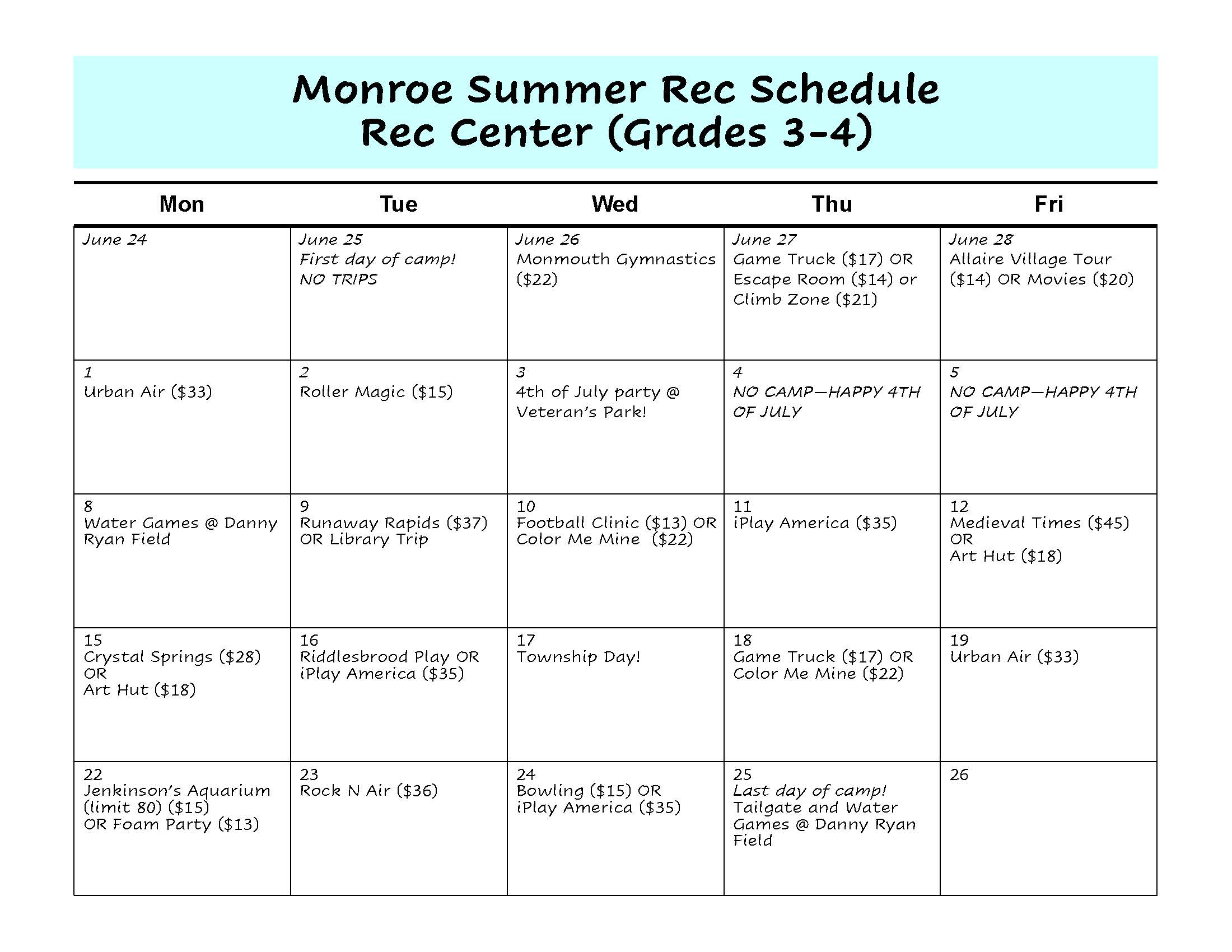 Summer Rec Camp Trip Calendar Page 2