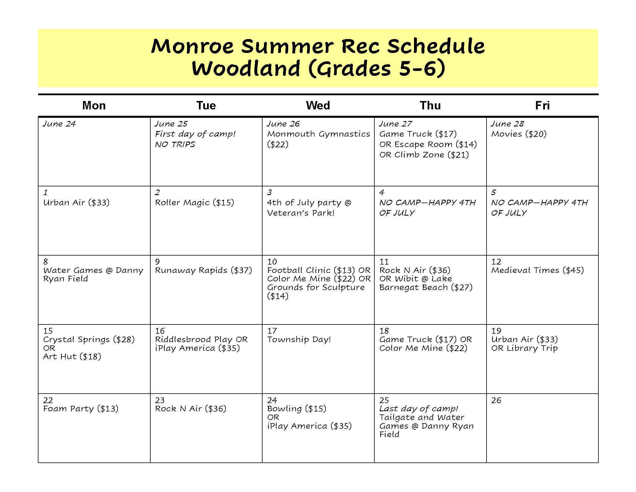 Summer Rec Camp Trip Calendar Page 3